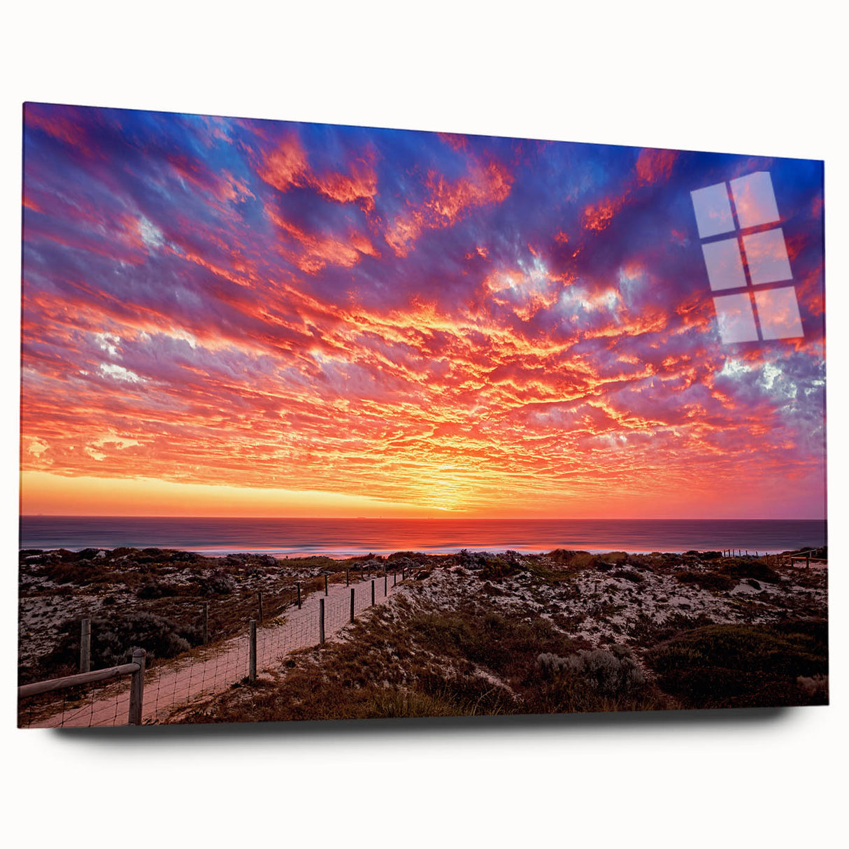 Large abstract wall art of Perth skyline in muted blues and greens on acrylic glass, ideal for bedroom or dining room decor.