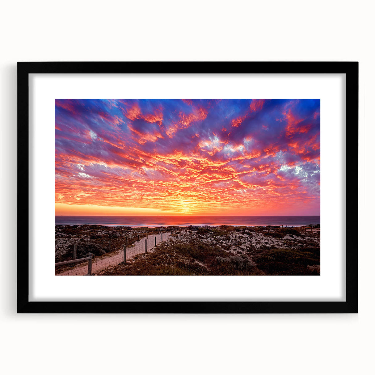 Abstract art print of colorful, textured scenery resembling Perth, Australia on an extra large framed canvas.