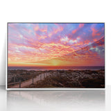 Framed acrylic print of Perth, Australia skyline in muted gray and blue tones, ideal for modern art wall decor.