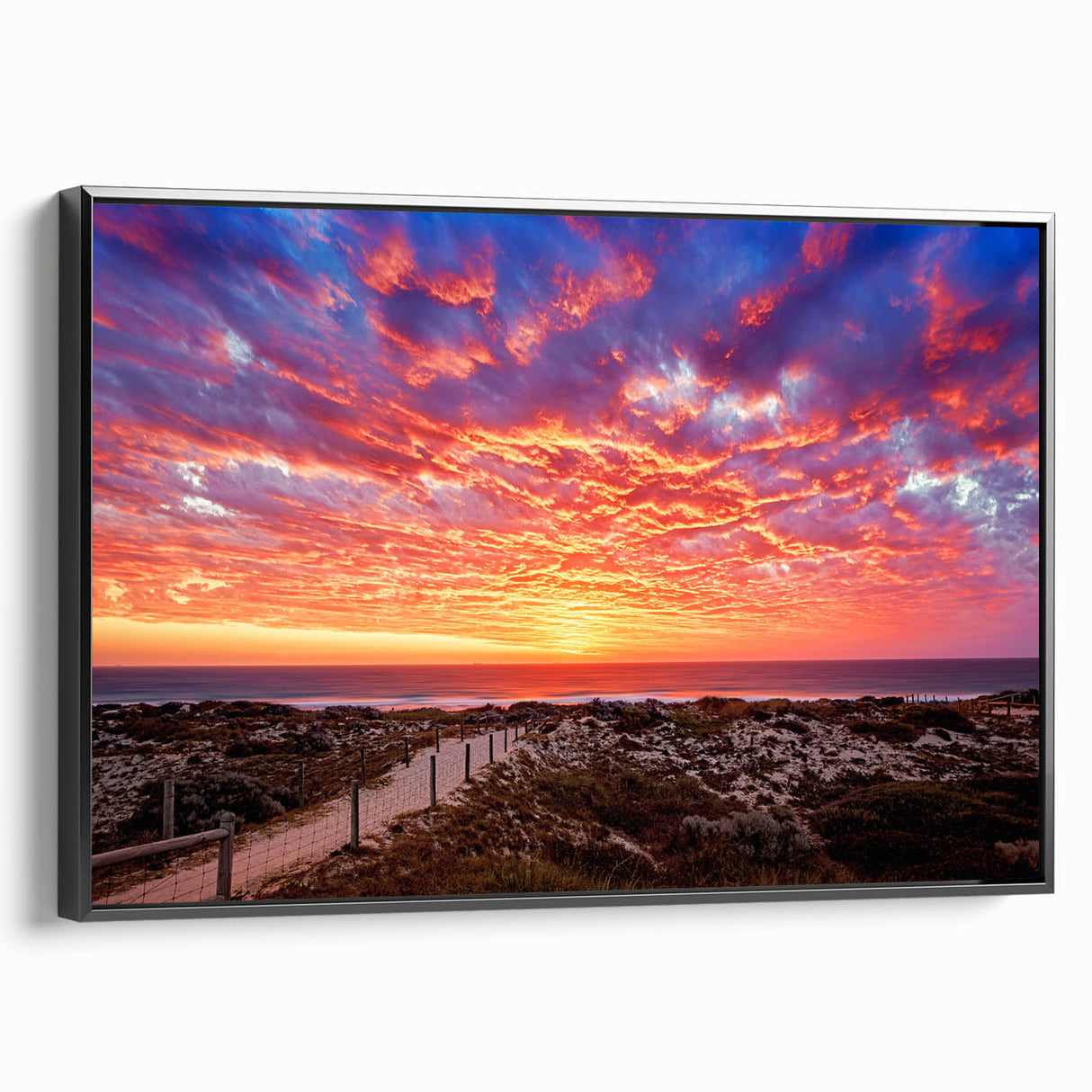 Black and white framed canvas of Perth landscape in vintage poster style, suitable for bedroom decor.