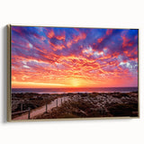 Framed canvas depicting a vintage Perth landscape with colorful art and black accents, ideal for living room decor.