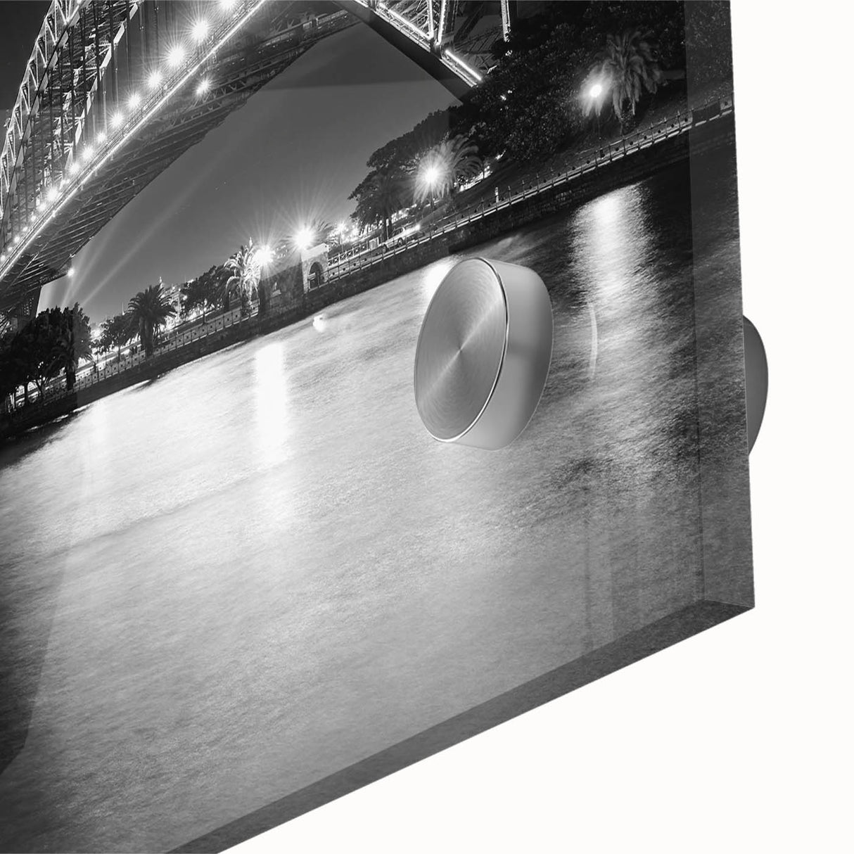 Large abstract depiction of the Sydney skyline in muted blue and green tones on acrylic glass, suitable for dining room art.