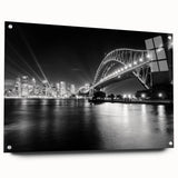 Acrylic print of Sydney skyline in muted blue tones, ideal for dining room decor.