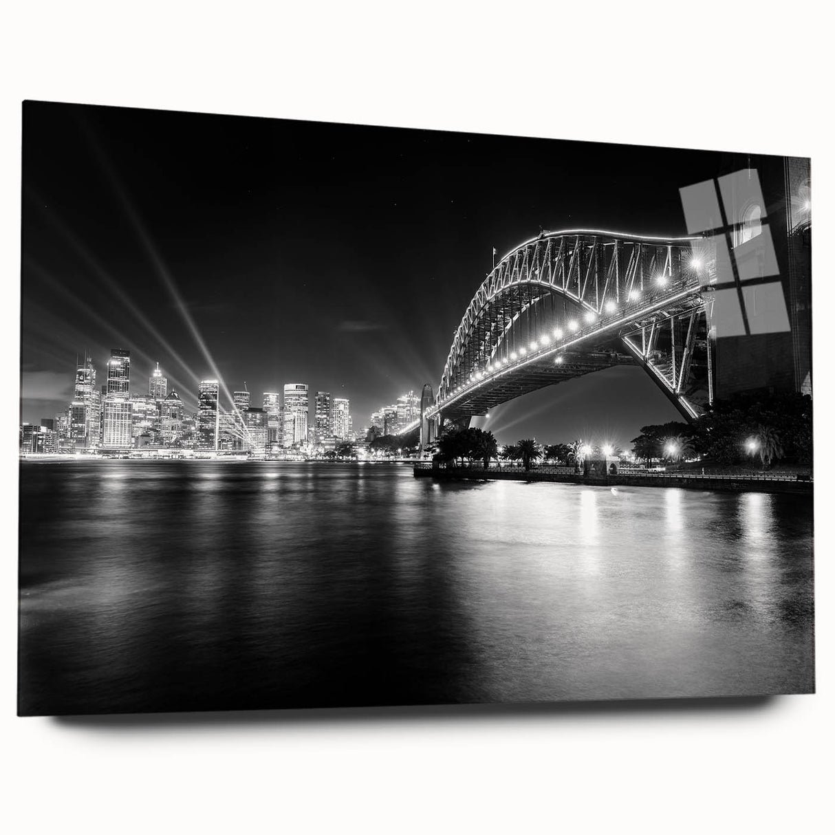 Large abstract depiction of the Sydney skyline in muted blue and gray hues on acrylic glass.