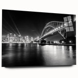 Large abstract depiction of the Sydney skyline in muted blue and gray hues on acrylic glass.