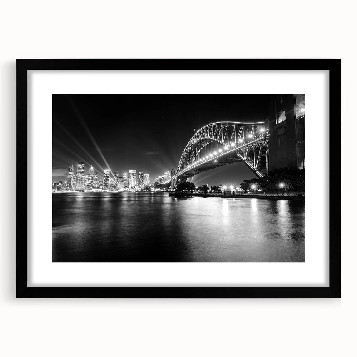 Extra large abstract art print of Sydney scenery in vibrant colors on a textured canvas, framed in black.