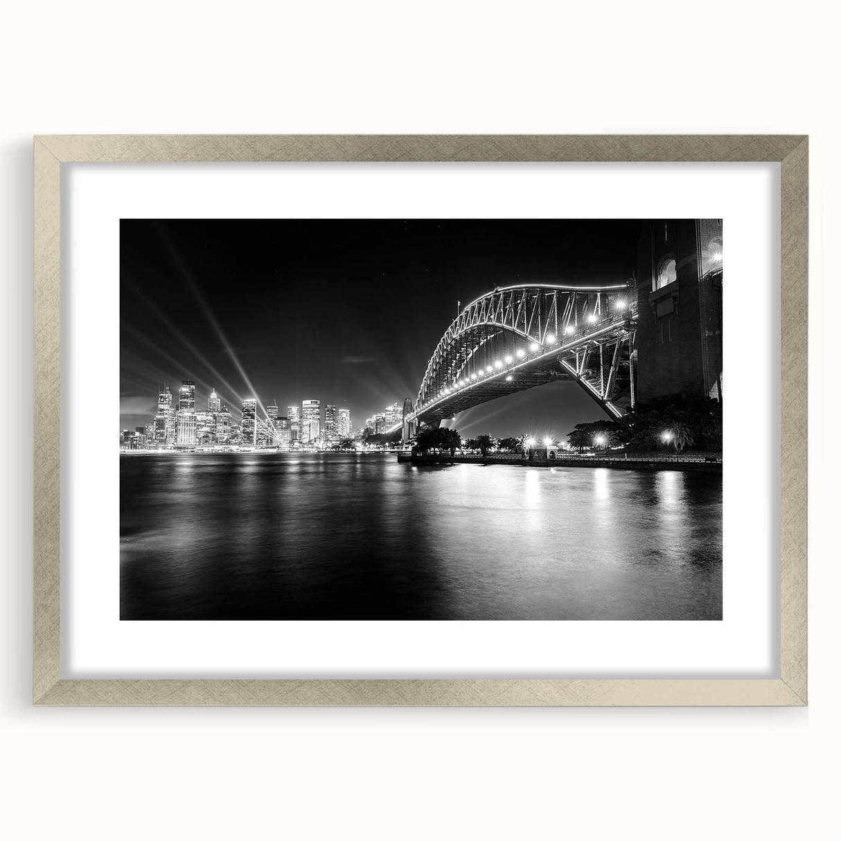Extra large abstract art print of Sydney scenery, featuring textured strokes in cool blues and grays, framed in silver.