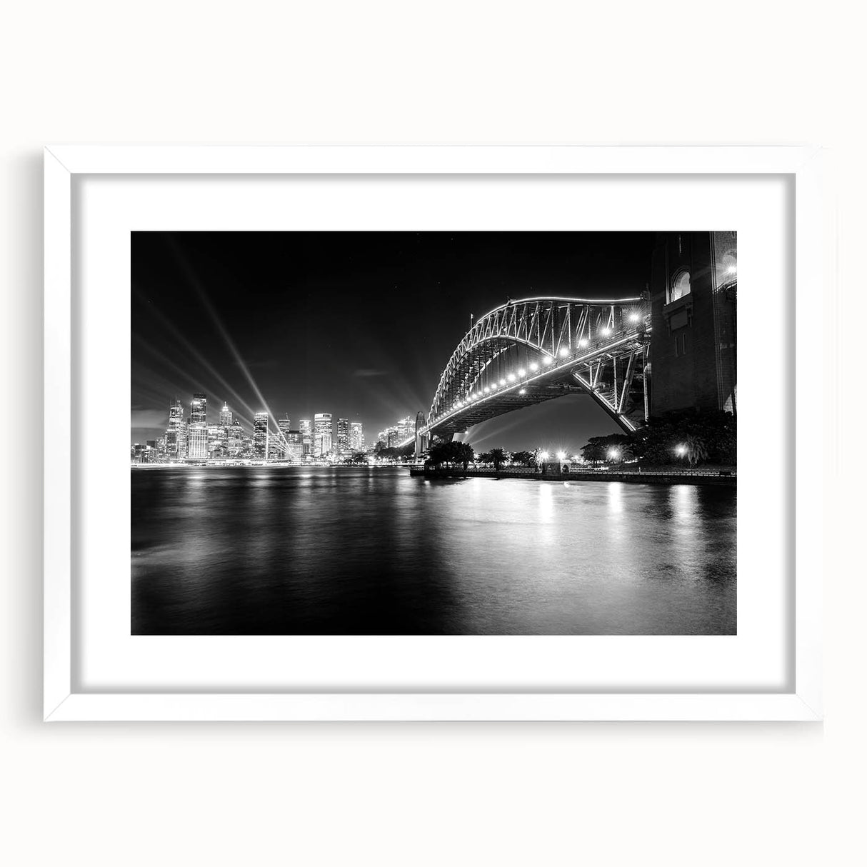Abstract textured art print of Sydney skyline in muted blue and gray tones on a framed white mat, ideal for bedroom art.