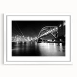 Abstract textured art print of Sydney skyline in muted blue and gray tones on a framed white mat, ideal for bedroom art.