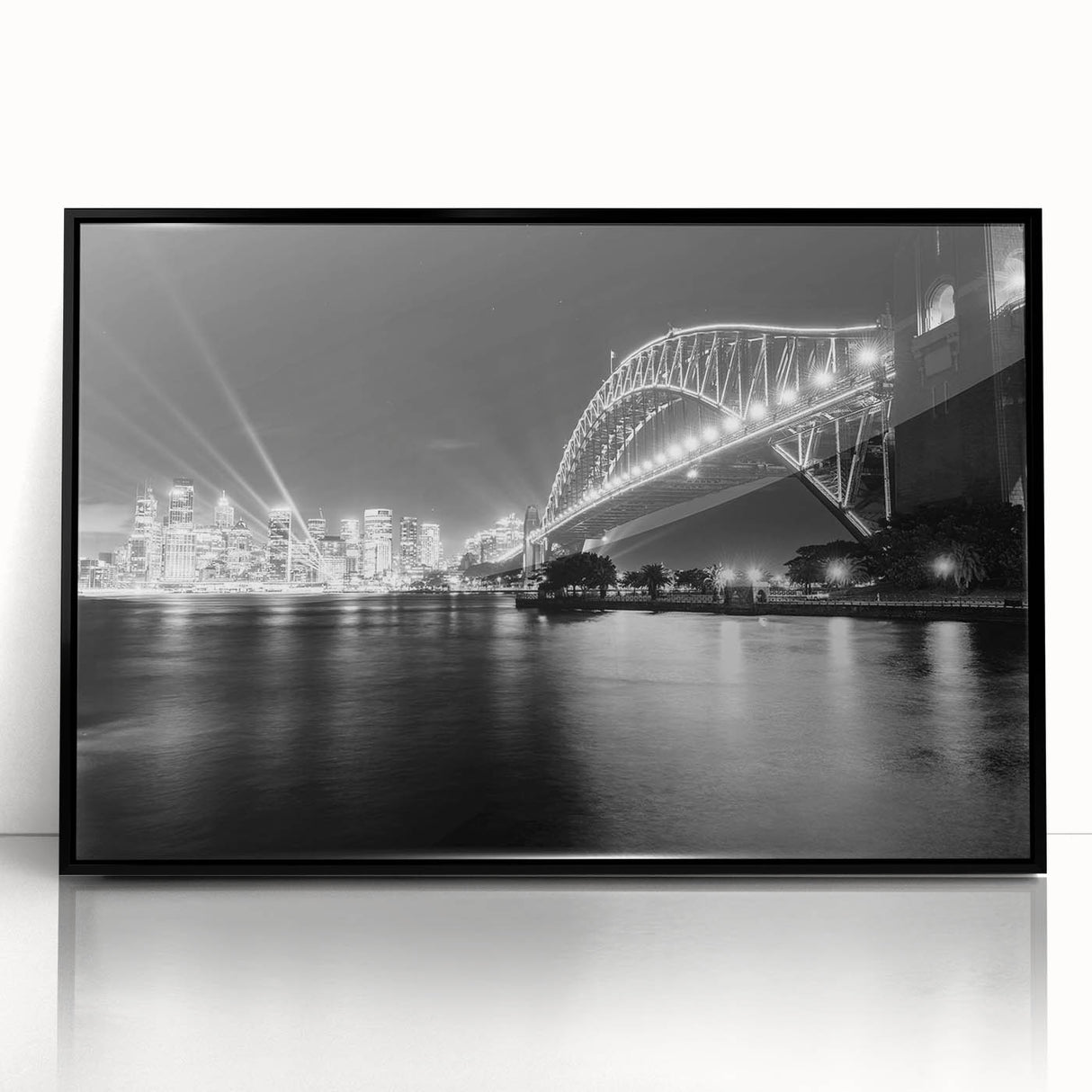 Large abstract wall art of Sydney's skyline in muted gray and blue tones on a framed acrylic.