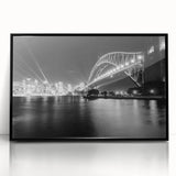 Large abstract wall art of Sydney's skyline in muted gray and blue tones on a framed acrylic.