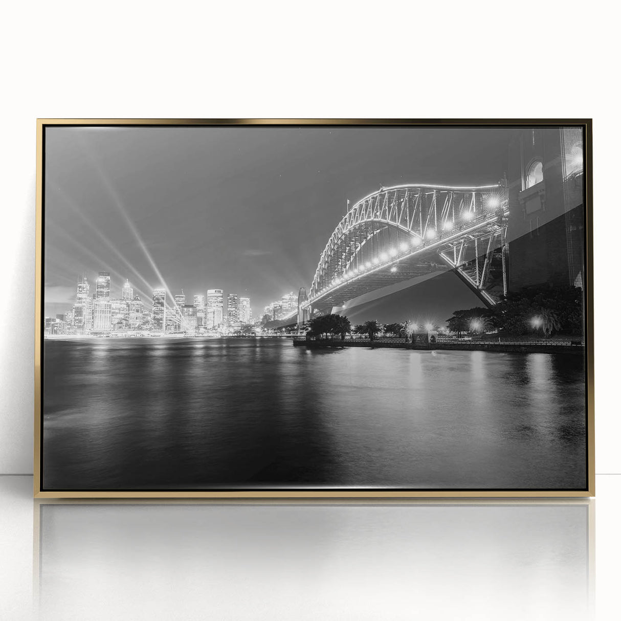 Art deco poster of Sydney skyline in gold and black hues on framed acrylic, suitable for modern art wall decor.