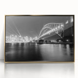 Art deco poster of Sydney skyline in gold and black hues on framed acrylic, suitable for modern art wall decor.