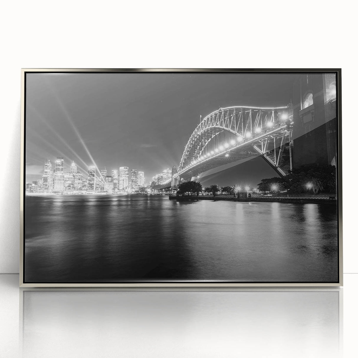 Large art print of Sydney skyline in muted blue tones on framed acrylic, ideal for modern art wall decor.