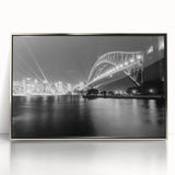 Large art print of Sydney skyline in muted blue tones on framed acrylic, ideal for modern art wall decor.