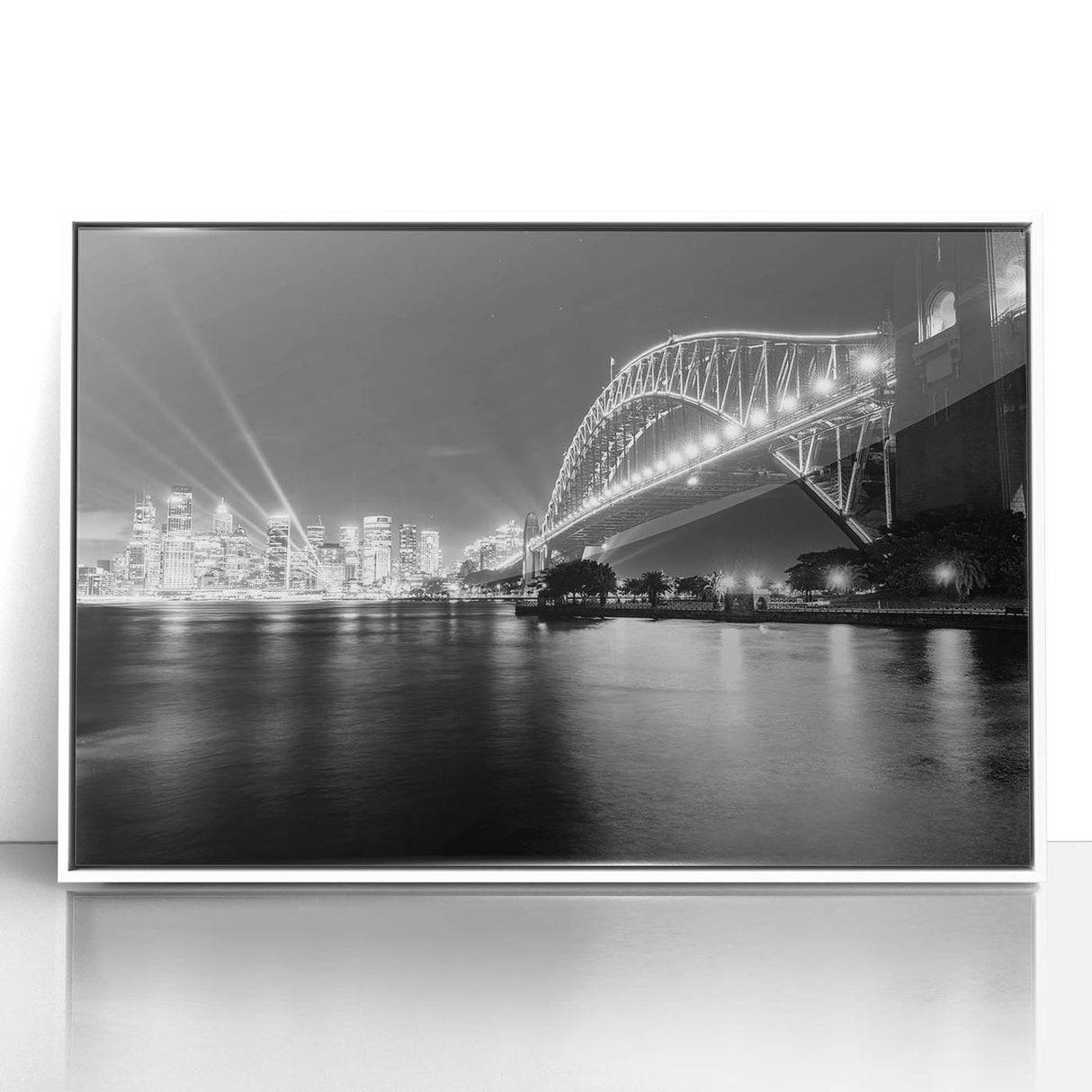 Mid-century modernist art depicting Sydney skyline in pastel shades on a white framed acrylic.