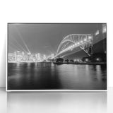 Mid-century modernist art depicting Sydney skyline in pastel shades on a white framed acrylic.