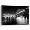 Black and white framed canvas of Sydney landscape, ideal for bedroom wall art.