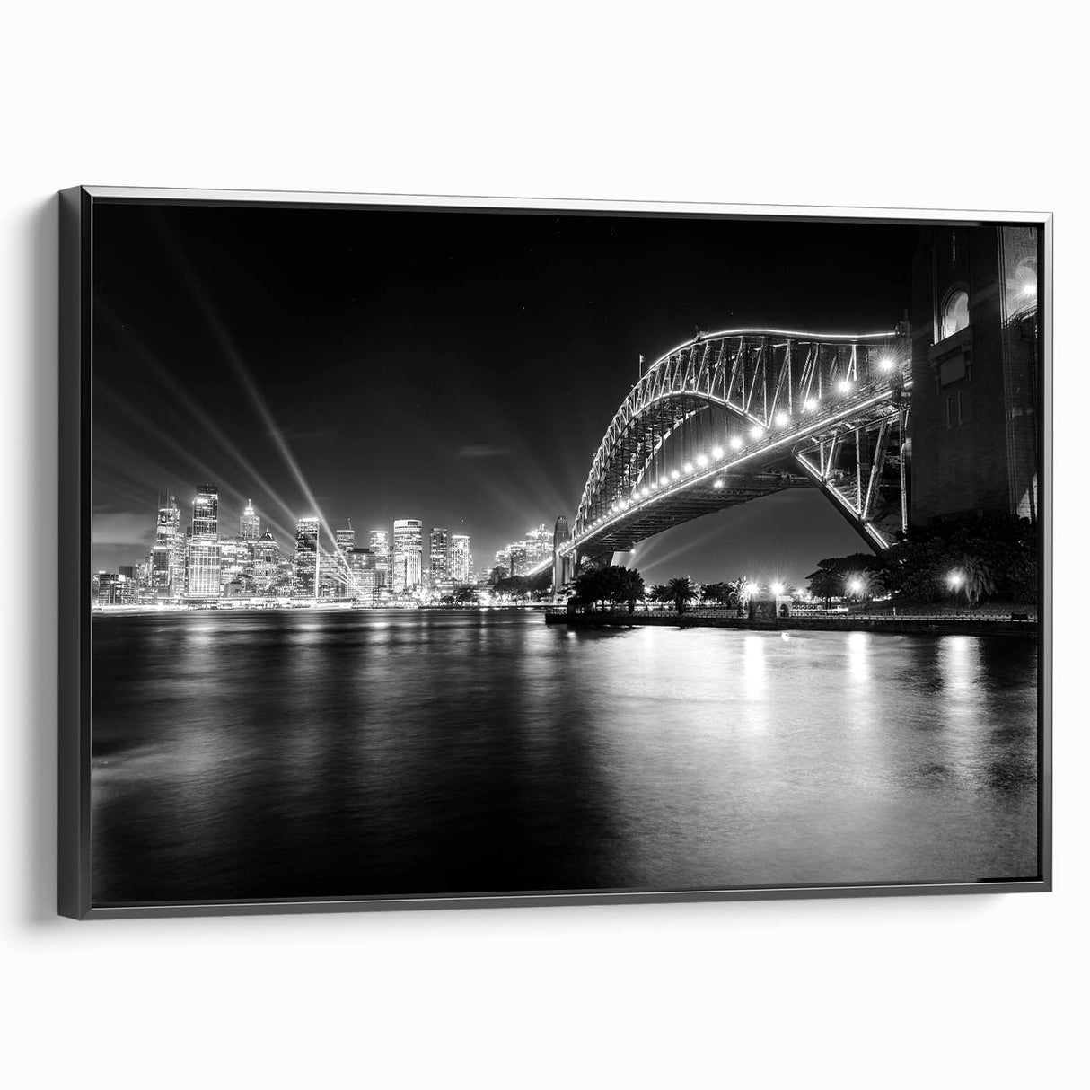 Black and white framed canvas of Sydney landscape, ideal for bedroom wall art.