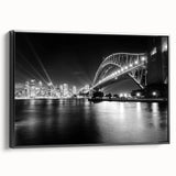 Black and white framed canvas of Sydney landscape, ideal for bedroom wall art.