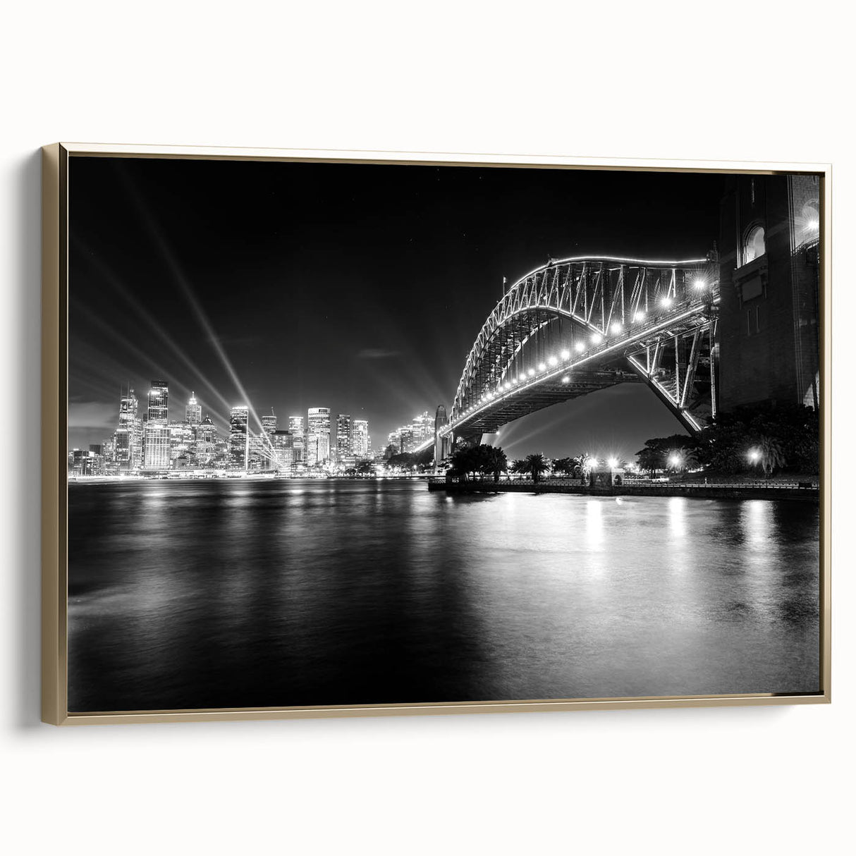 Framed canvas featuring a vintage-style landscape painting of the Sydney skyline, dominated by black and gold tones.