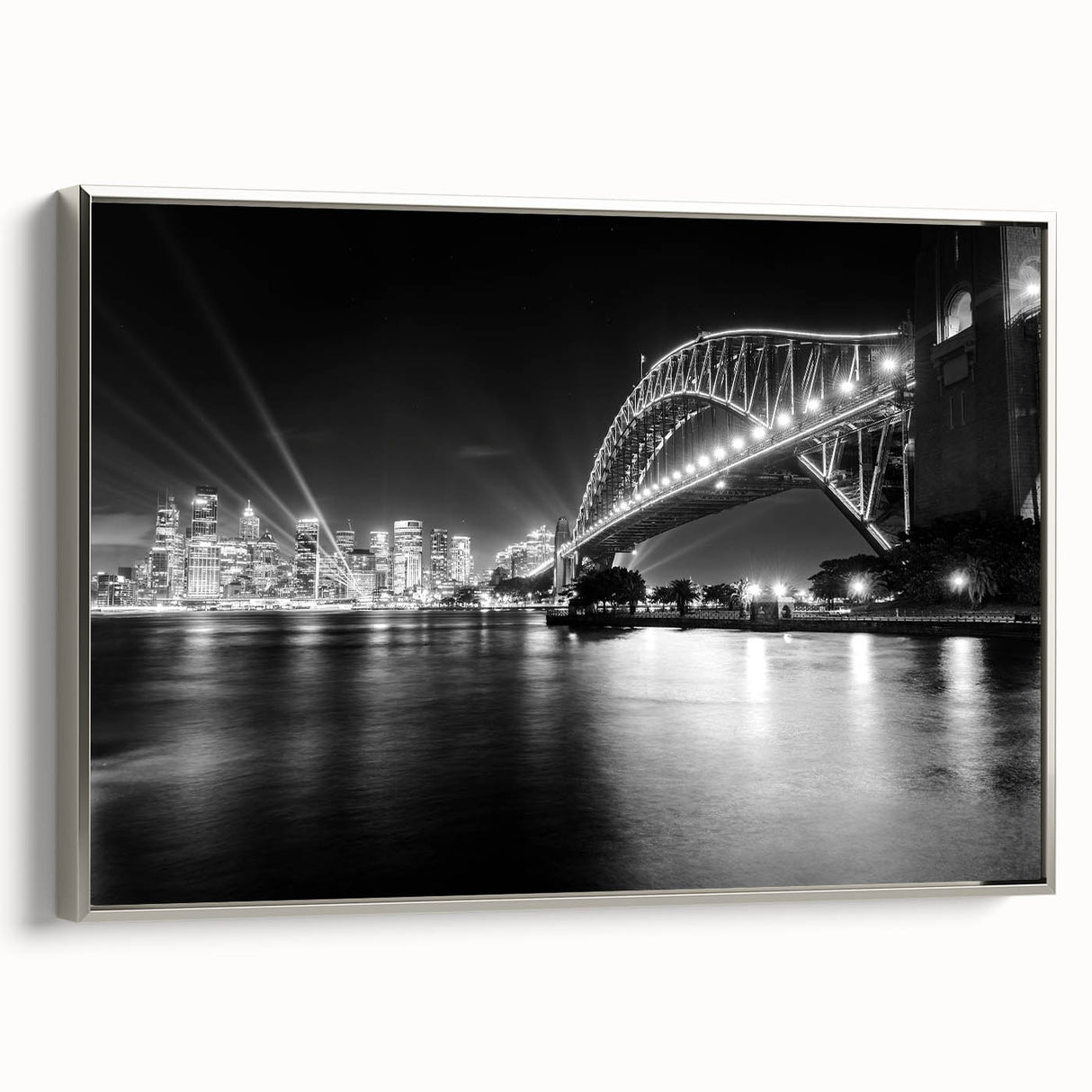 Framed canvas landscape art painting of Sydney, with colorful skyline and black accents, ideal for office decor.