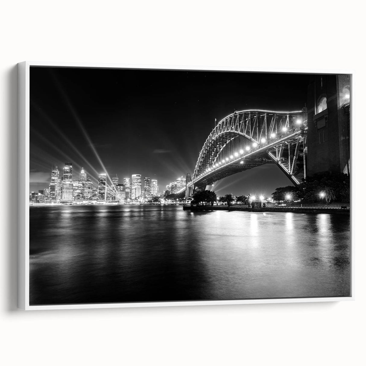 Vintage poster art of Sydney skyline in colorful hues on a large framed canvas, suitable for living room decor.