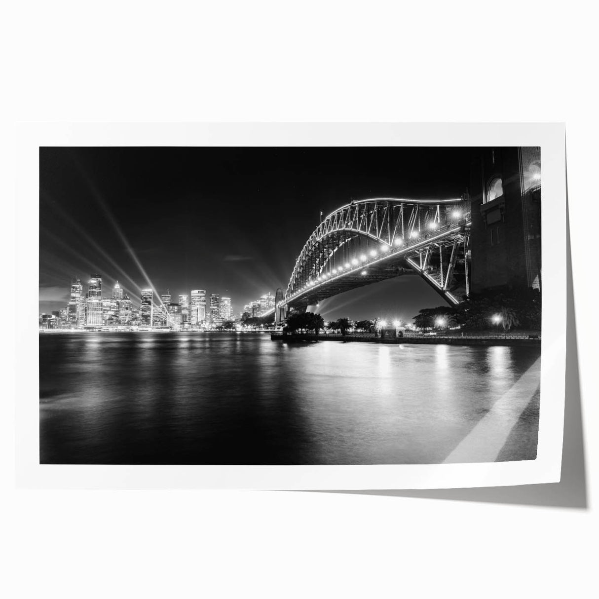 Sydney skyline in muted gray and blue tones on a rolled canvas, suitable for dining room wall art.
