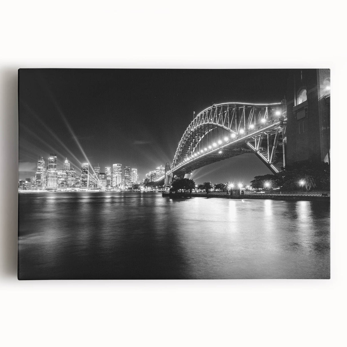Black and white photograph of Sydney skyline on stretched canvas, ideal for kitchen wall art or bedroom ambiance.