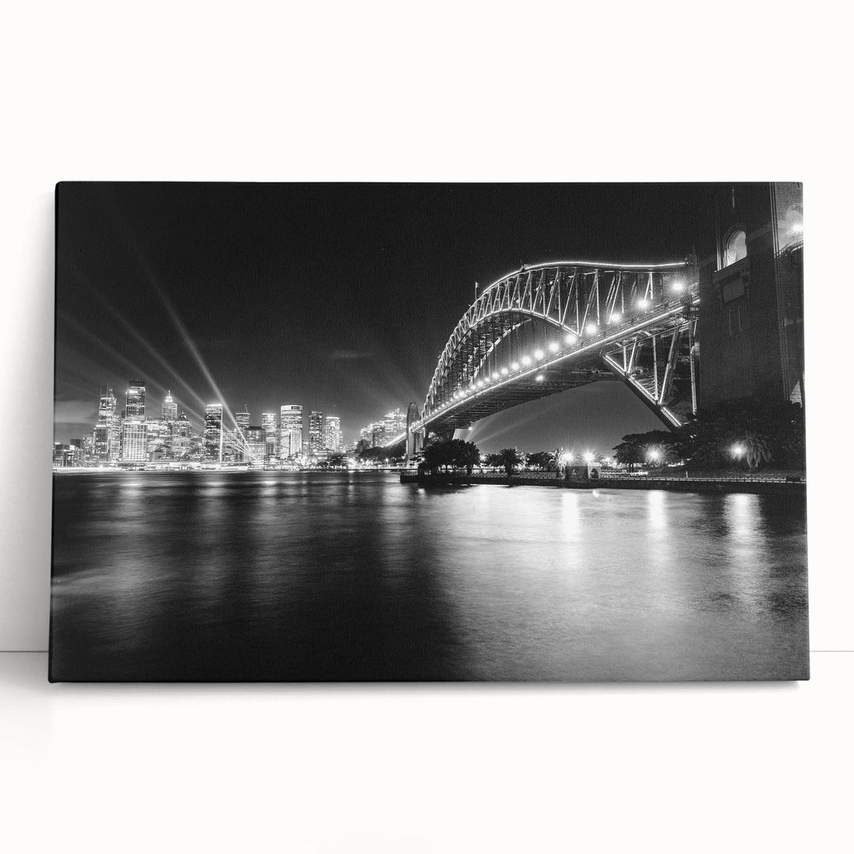 Black and white photograph of the Sydney skyline on large stretched canvas, suitable for kitchen wall art.