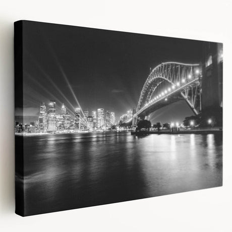 Sydney skyline in vibrant twilight hues on stretched canvas, ideal for kitchen wall art.