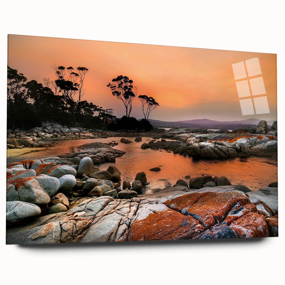 Large abstract wall art depicting a serene Tasmanian landscape in muted earth tones on acrylic glass.