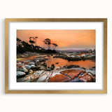 Textured abstract art print of Tasmania scenery in muted earth tones on a framed canvas, suitable for bedroom art.