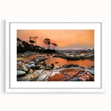 Extra large textured abstract art print of a Tasmanian landscape, in muted earth tones, framed with a white mat.