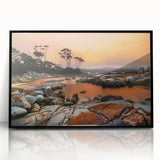 Large abstract wall art depicting the Tasmanian landscape in muted earth tones, framed in black acrylic.
