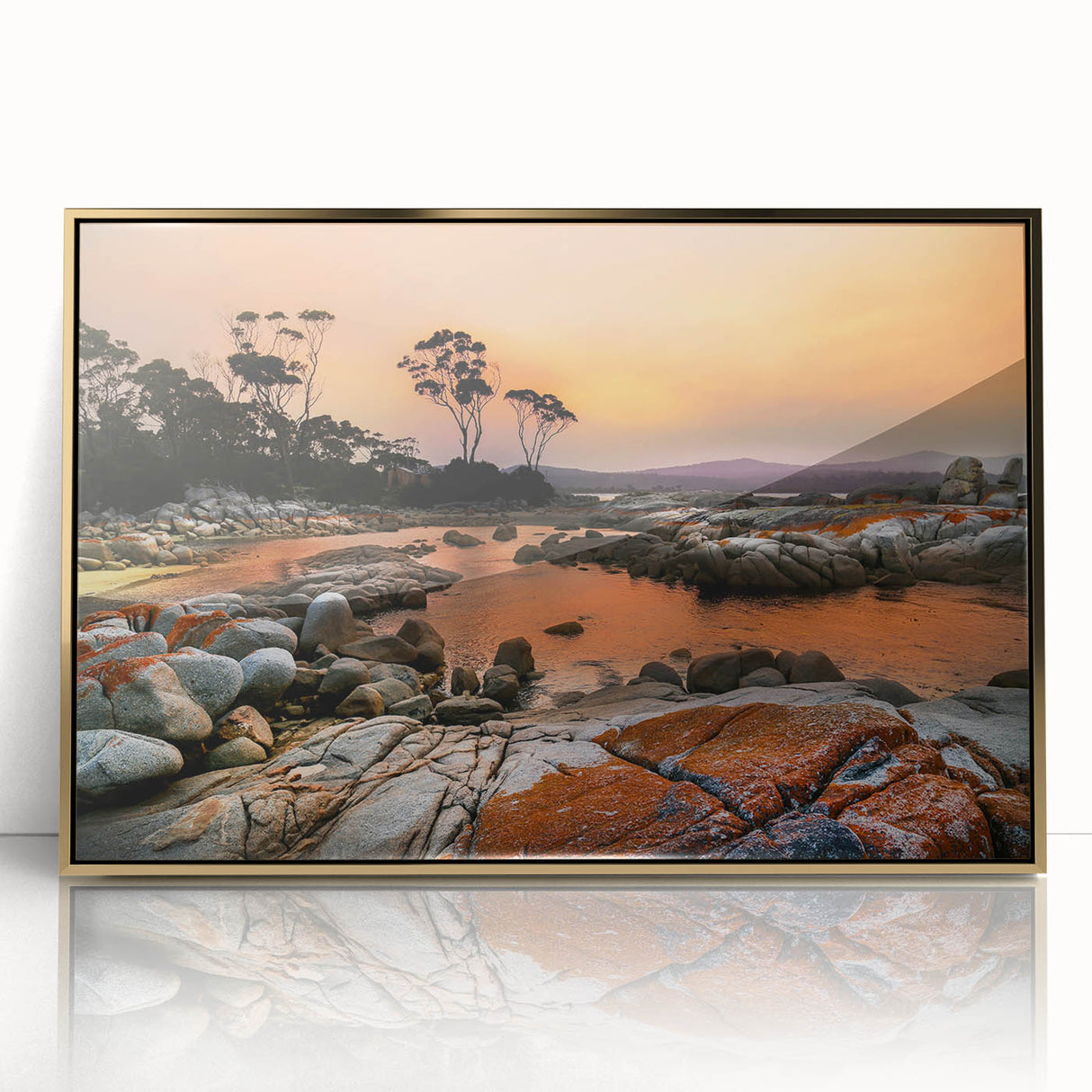 Mid-century modernist art depicting a serene Tasmanian landscape in acrylic, framed in gold, suitable for nursery wall art.