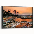 Black and white framed canvas of a Tasmanian landscape, ideal for bedroom wall art.