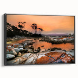 Black and white framed canvas of a Tasmanian landscape, ideal for bedroom wall art.