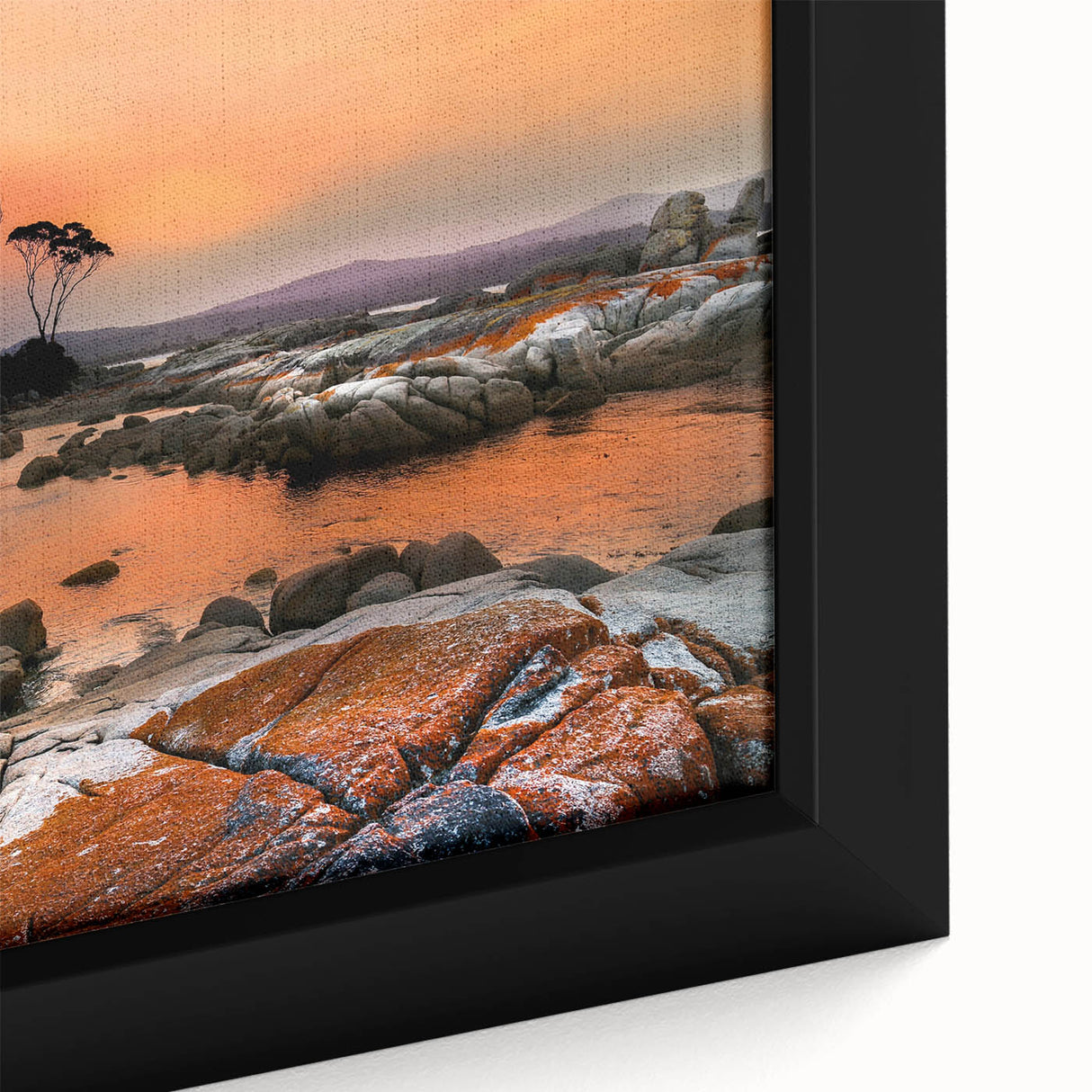 Extra large framed canvas depicting a textured black wall art scene of Tasmania with colorful accents.