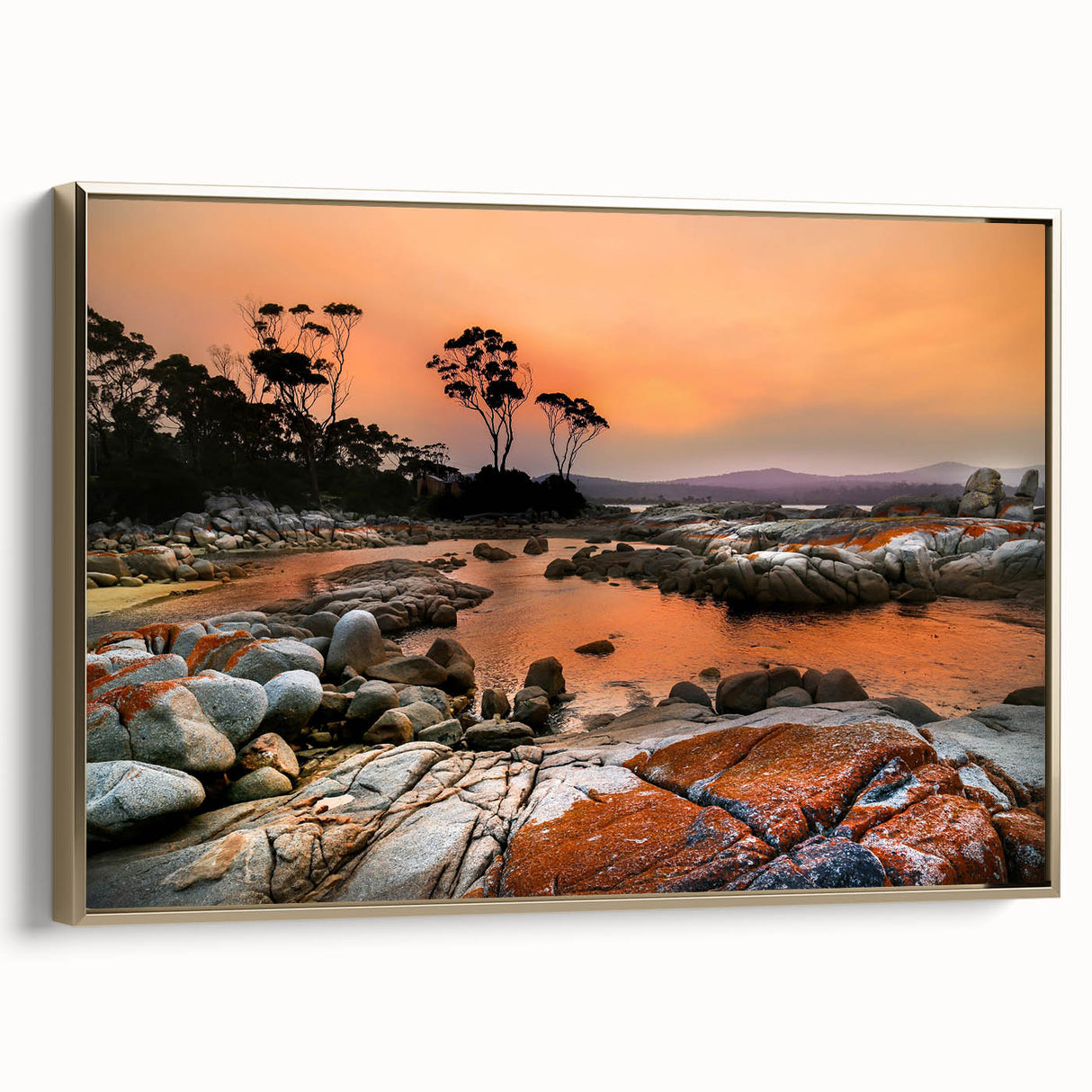 Vintage poster art of a Tasmania landscape in vibrant colors on a framed canvas, ideal for living room decor.