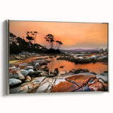 Framed canvas featuring a grayscale vintage landscape of Tasmania, ideal for bedroom wall art.
