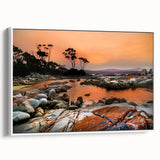 Framed canvas depicting a vintage Tasmanian landscape in colorful tones, ideal for living room decor.