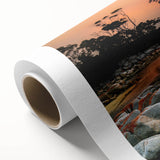 Art deco poster of Tasmania scenery with muted green and blue tones on rolled canvas, ideal for nursery wall art.