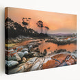 Large canvas print of a serene Tasmanian landscape in earthy green and blue tones, suitable for kitchen wall art.