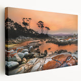 Large canvas print of a serene Tasmanian landscape in earthy green and blue tones, suitable for kitchen wall art.