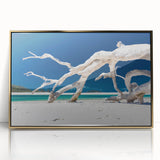 Framed acrylic print of an Art Deco-style Australian landscape in gold and green tones, suitable for modern nursery decor.