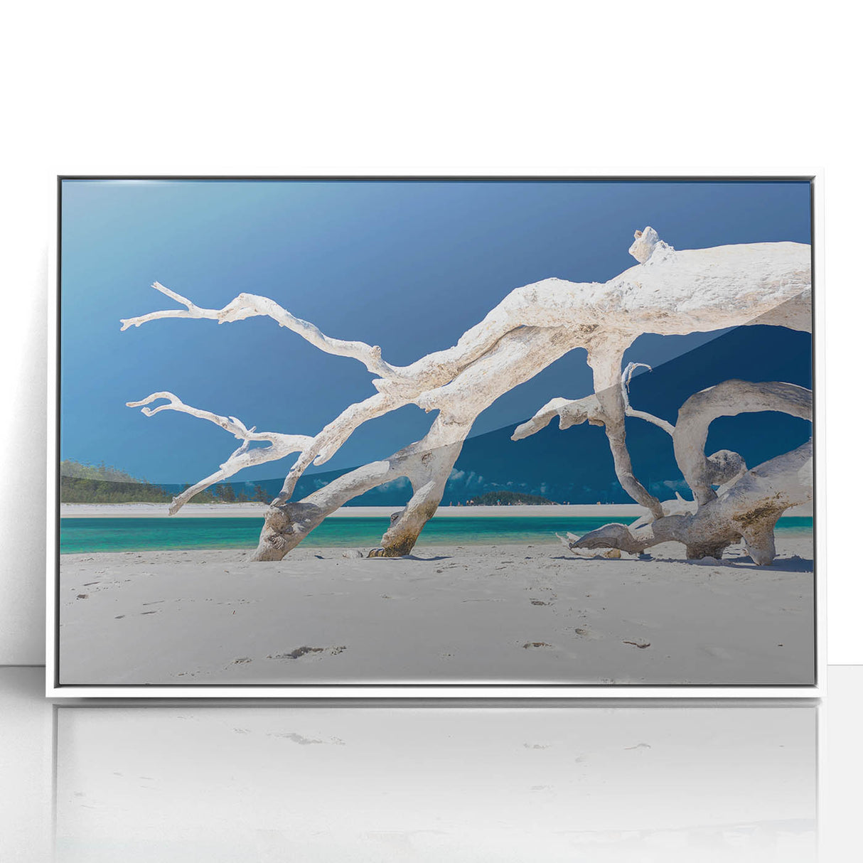 Mid-century modernist art depicting Australian scenery in muted earth tones, acrylic print in white frame.