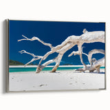 Framed canvas featuring a vintage-style landscape painting of Australian scenery, with muted earth tones.