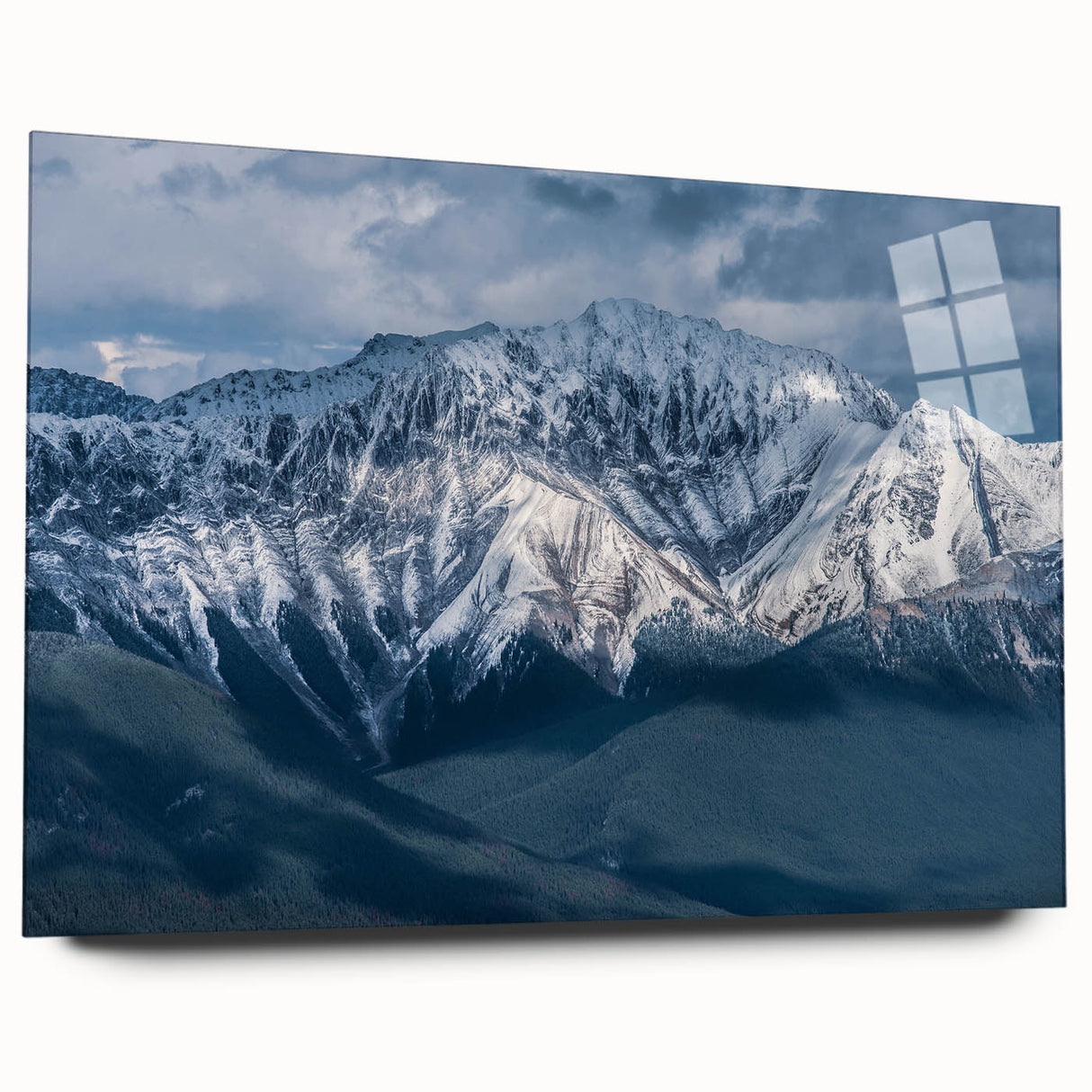 Acrylic print of a British Columbia landscape in muted greens and blues, ideal for bedroom or dining room art.