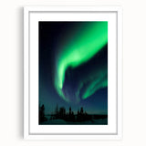 Abstract art print of a serene Manitoba landscape in muted green and blue tones, framed with a white mat.